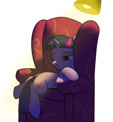 Size: 1030x1116 | Tagged: safe, artist:neuro, twilight sparkle, pony, unicorn, g4, triple threat, chair, female, lamp, scene interpretation, simple background, solo, that pony sure does love chairs