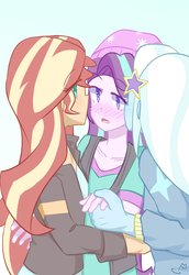 Size: 826x1200 | Tagged: safe, artist:yuck, starlight glimmer, sunset shimmer, trixie, equestria girls, equestria girls specials, g4, mirror magic, beanie, blushing, female, hat, holding hands, imminent kissing, lesbian, ot3, polyamory, ship:shimmerglimmer, ship:startrix, ship:suntrix, shipping, startrixset