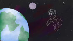 Size: 2560x1440 | Tagged: safe, artist:virdian, oc, oc only, pony, unicorn, cloud, lineart, moon, planet, portal (valve), portal 2, smiling, solo, space, stars, wip