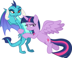 Size: 6000x4882 | Tagged: safe, artist:magister39, princess ember, twilight sparkle, alicorn, dragon, pony, g4, triple threat, absurd resolution, hug, implied emberlight, simple background, this will end in snu snu, transparent background, twilight sparkle (alicorn), vector