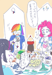 Size: 700x1000 | Tagged: safe, artist:misochikin, pinkie pie, rainbow dash, twilight sparkle, human, equestria girls, g4, angry, dialogue, eating, eyes closed, food, horn, horned humanization, humanized, japanese, open mouth, pixiv, translation request