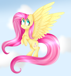 Size: 3557x3836 | Tagged: safe, artist:cosmiickatie, fluttershy, pegasus, pony, g4, ear fluff, female, flying, high res, looking away, looking up, mare, sky, smiling, solo, spread wings, wings