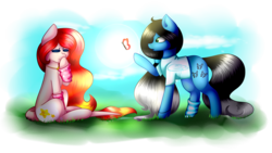 Size: 2560x1440 | Tagged: safe, artist:despotshy, artist:foxydash44, oc, oc only, oc:despy, oc:nova, butterfly, earth pony, pony, clothes, female, mare, shirt, sitting