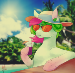 Size: 2228x2161 | Tagged: safe, artist:lollydoom, oc, oc only, oc:watermelana, pony, beach, bust, drink, drinking straw, gradient hooves, hat, high res, ocean, portrait, relaxing, solo, sun hat, sunglasses, ych result