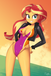 Size: 845x1267 | Tagged: safe, artist:zelc-face, sunset shimmer, human, equestria girls, absolute cleavage, adorasexy, beach babe, beautiful, breasts, busty sunset shimmer, cleavage, clothes, cute, cutie mark swimsuit, female, high-cut clothing, jacket, leather jacket, one-piece swimsuit, purple swimsuit, sexy, shimmerbetes, sideboob, solo, stupid sexy sunset shimmer, sunset, swimsuit, tricolor swimsuit, water, zelc-face's swimsuits