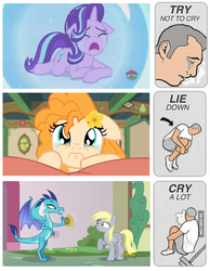 Size: 1252x1610 | Tagged: safe, edit, edited screencap, screencap, derpy hooves, pear butter, princess ember, starlight glimmer, dragon, earth pony, pegasus, pony, unicorn, a royal problem, g4, season 7, the perfect pear, triple threat, crying, female, floppy ears, food, mare, meme, muffin, muffin denial, shield