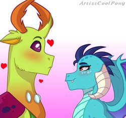 Size: 923x865 | Tagged: safe, artist:artistcoolpony, princess ember, thorax, changedling, changeling, dragon, g4, triple threat, blushing, dragon lord ember, female, heart, interspecies, king thorax, male, ship:embrax, shipping, straight