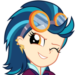Size: 512x512 | Tagged: safe, artist:xebck, indigo zap, derpibooru, equestria girls, g4, my little pony equestria girls: friendship games, .svg available, derpibooru badge, ear piercing, earring, female, goggles, jewelry, meta, one eye closed, piercing, simple background, smiling, solo, svg, transparent background, vector, wink