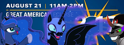 Size: 1440x525 | Tagged: safe, king sombra, nightmare moon, princess luna, alicorn, pony, unicorn, g4, 2017 solar eclipse, duality, eclipse, happy, solar eclipse, the fun has been doubled, the night will last forever