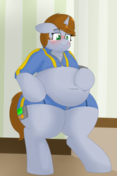 Size: 2000x3000 | Tagged: safe, artist:coatieyay, oc, oc only, oc:littlepip, pony, unicorn, semi-anthro, fallout equestria, belly button, belly freckles, bipedal, blushing, chest fluff, chubby cheeks, clothes, double chin, fanfic, fanfic art, fat, female, floppy ears, freckles, high res, jumpsuit, mare, not so little pip, obese, pipbuck, shorts, solo, vault suit