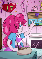 Size: 413x584 | Tagged: safe, artist:gotygoto, pinkie pie, butterfly, equestria girls, g4, anniversary, cooking, da scribble challenge, deviantart, female, kitchen, oven, solo, window