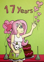 Size: 2480x3508 | Tagged: safe, artist:regularmouseboy, angel bunny, fluttershy, equestria girls, g4, balloon, cake, da scribble challenge, deviantart, food, hair ornament, high res