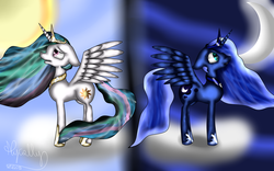 Size: 1024x640 | Tagged: safe, artist:nyck-san, princess celestia, princess luna, pony, g4, day, night