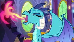 Size: 1280x720 | Tagged: safe, screencap, princess ember, dragon, g4, triple threat, burp, dragoness, dragonfire, eyes closed, female, fire, fire breath, fire burp, open mouth, pink fire, solo, uncouth