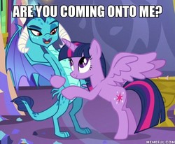 Size: 600x495 | Tagged: safe, screencap, princess ember, twilight sparkle, alicorn, dragon, pony, g4, triple threat, hug, image macro, meme, memeful.com, twilight sparkle (alicorn), twilight's castle