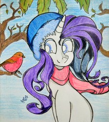 Size: 3119x3487 | Tagged: safe, artist:gian2020, rarity, bird, pony, g4, female, high res, solo, traditional art, tree, winter hat