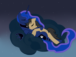 Size: 900x675 | Tagged: safe, artist:spitfire-fan, princess luna, oc, oc:cogs fixmore, alicorn, earth pony, pony, g4, canon x oc, cloud, cute, female, male, missing accessory, night, shipping, sky, sleeping, stars, straight