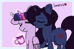 Size: 1500x1000 | Tagged: safe, artist:fashleylasagna, twilight sparkle, alicorn, pony, g4, coffee, coffee mug, crossover, crossover shipping, fullmetal alchemist, homunculus, lust, lustlight, mug, shipping, smooch, tired, twilight sparkle (alicorn)