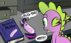 Size: 1146x697 | Tagged: safe, artist:dan232323, spike, twilight sparkle, dragon, g4, book, drawer, food transformation, pickle rick, pickle twi, rick and morty, table, transformation, twirick, what has science done, why, xk-class end-of-the-world scenario