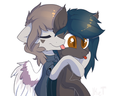 Size: 1600x1200 | Tagged: safe, artist:kebchach, oc, oc only, oc:nuke, oc:speck, bat pony, pegasus, pony, :p, duo, female, hug, husband and wife, licking, male, married couple, married couples doing married things, speke, tongue out