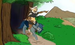 Size: 2000x1212 | Tagged: safe, artist:testostepone, oc, oc only, oc:dirse, oc:speck, bat pony, kobold, pony, anthro, anthro with ponies, anthros riding ponies, bridle, duo, forest, mountain, reins, riding, tack