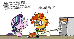 Size: 2331x1239 | Tagged: safe, artist:bobthedalek, starlight glimmer, sunburst, pony, unicorn, g4, atg 2017, carrot, clothes, dialogue, duo, eyes closed, female, food, lab coat, magnet, male, mare, newbie artist training grounds, safety goggles, shrunken pupils, simple background, stallion, the muppet show, white background