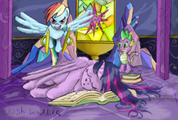 Size: 1977x1339 | Tagged: safe, artist:thesouthernnerd, rainbow dash, spike, twilight sparkle, alicorn, dragon, pony, g4, cymbals, musical instrument, prank, sleeping, this will not end well, twilight sparkle (alicorn)