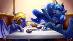 Size: 1920x1080 | Tagged: safe, artist:cosmalumi, princess luna, oc, oc:butter cream, alicorn, bat pony, pony, g4, alcohol, bar, chips, clothes, commission, cross, eyes closed, food, herbivore, jewelry, laughing, peanut, pendant, pretzel, shoes, spread wings, wine, wings