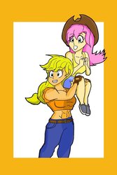 Size: 699x1048 | Tagged: safe, artist:matchstickman, applejack, fluttershy, human, g4, abs, carrying, humanized, muscles