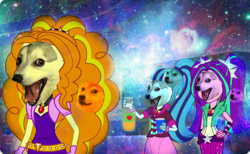 Size: 1162x714 | Tagged: safe, artist:maggiethecatwithablo, adagio dazzle, aria blaze, sonata dusk, dog, equestria girls, g4, doge, doggo, faic, meme, nightmare fuel, the dazzlings, wat