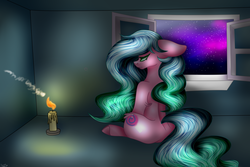 Size: 6000x4000 | Tagged: safe, artist:cat-chai, oc, oc only, oc:sugar swirl, earth pony, pony, absurd resolution, candle, female, fire, indoors, mare, signature, sitting, solo, stars, window