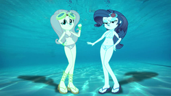 Size: 852x480 | Tagged: safe, artist:sb1991, part of a set, fluttershy, rarity, equestria girls, g4, bedroom eyes, clothes, lidded eyes, part of a series, pose, request, requested art, story included, swimming pool, swimsuit, underwater, underwater eqg series