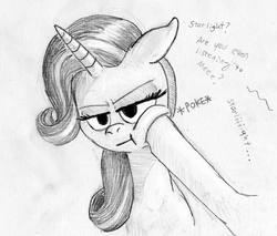 Size: 867x737 | Tagged: safe, artist:t72b, derpibooru exclusive, starlight glimmer, trixie, g4, floppy ears, monochrome, offscreen character, poking, squishy cheeks, starlight glimmer is not amused, text, traditional art, unamused, whining