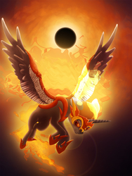 Size: 750x1000 | Tagged: safe, artist:slamjam, daybreaker, alicorn, pony, g4, awesome, eclipse, epic, female, fire, flying, majestic, mare, moon, solar eclipse, solo, sun