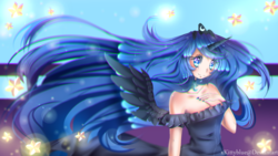 Size: 1920x1080 | Tagged: safe, artist:xkittyblue, princess luna, human, g4, breasts, cleavage, clothes, crown, female, horn, horned humanization, humanized, jewelry, long hair, looking at you, regalia, smiling, solo, spread wings, strapless, wallpaper, winged humanization, wings