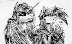 Size: 2835x1738 | Tagged: safe, artist:brainiac, oc, oc only, oc:liftan drift, oc:piper, pegasus, pony, unicorn, fallout equestria, armor, black and white, bomber jacket, clothes, collar, evil grin, floppy ears, grayscale, grin, monochrome, raider, raider armor, smiling, spiked armor, traditional art, wing fluff