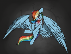 Size: 1500x1150 | Tagged: safe, artist:sinrar, rainbow dash, pegasus, pony, fanfic:austraeoh, g4, abstract background, element of loyalty, female, flying, goggles, misleading thumbnail, solo, spread wings, wings