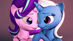 Size: 1920x1080 | Tagged: safe, artist:flushthebatsanta, starlight glimmer, trixie, pony, unicorn, g4, 3d, boop, female, lesbian, looking at each other, mare, noseboop, ship:startrix, shipping, smiling, source filmmaker