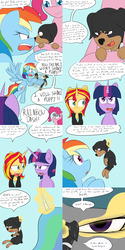 Size: 1600x3200 | Tagged: safe, artist:jake heritagu, pinkie pie, princess celestia, rainbow dash, sunset shimmer, twilight sparkle, oc, oc:hades, alicorn, pony, unicorn, comic:ask motherly scootaloo, g4, clothes, comic, men in black, movie reference, twilight sparkle (alicorn)