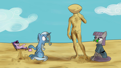 Size: 6400x3600 | Tagged: safe, artist:theravencriss, boulder (g4), maud pie, starlight glimmer, trixie, earth pony, pony, unicorn, g4, beach, chair, david, female, fine art parody, mare, mouth hold, sandcastle, shocked, sitting, sunglasses, trio