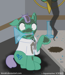 Size: 1041x1205 | Tagged: safe, artist:kinrah, oc, oc only, oc:aquamarine tide, earth pony, pony, burnt, clothes, erlenmeyer flask, female, for science, lab coat, science