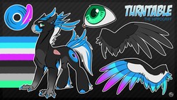 Size: 1280x720 | Tagged: safe, artist:kez, oc, oc only, oc:turntable, classical hippogriff, hippogriff, beak, claws, cutie mark, feather, hippogriff oc, hooves, male, record, reference sheet, solo, unshorn fetlocks, wings