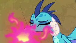 Size: 1280x720 | Tagged: safe, screencap, princess ember, dragon, g4, triple threat, dragoness, eyes closed, female, fire, fire breath, pink fire, sneezing, solo