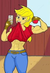 Size: 702x1028 | Tagged: safe, artist:matchstickman, applejack, human, g4, abs, apple, applejacked, belt, cellphone, clothes, female, fingerless gloves, food, gloves, grin, humanized, jeans, muscles, pants, phone, selfie, shirt, shirt lift, smartphone, smiling, solo