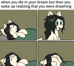 Size: 486x434 | Tagged: safe, artist:scraggleman, oc, oc only, oc:floor bored, earth pony, pony, 4chan, bed, blanket, comic, crying, depression, lying down, lying on bed, on back, open mouth, realization, sad, sleeping, smiling, solo