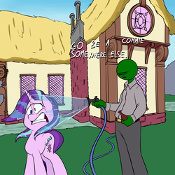 Size: 1500x1500 | Tagged: safe, artist:anontheanon, starlight glimmer, oc, oc:anon, pony, unicorn, g4, /mlp/, abuse, alcohol, beer, bottle, chimney, colored background, communism, cutie mark, drama, drawthread, faic, female, frown, glimmerbuse, gritted teeth, hose, mare, meme, open mouth, political adventure in the comments, ponyville, stalin glimmer, starlight drama, this will end in pain, water, wet, wet mane, wharrgarbl, wide eyes, window