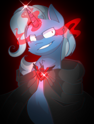 Size: 2226x2916 | Tagged: safe, artist:vanyllation, trixie, pony, g4, magic duel, alicorn amulet, cloak, clothes, evil smile, female, glowing eyes, glowing horn, grin, high res, horn, smiling, solo
