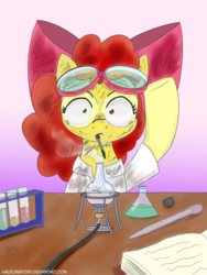 Size: 960x1280 | Tagged: safe, artist:halflingpony, apple bloom, earth pony, pony, g4, atg 2017, bunsen burner, clothes, female, flask, goggles, lab coat, newbie artist training grounds, potion, science, scorched, signature, smoke, solo, surprised