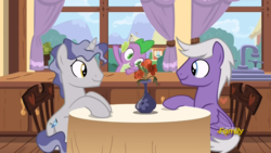 Size: 1366x768 | Tagged: safe, screencap, silver script, spike, star bright, dragon, pegasus, pony, unicorn, g4, triple threat, background pony, chair, desk, flower, looking at each other, male, ponies sitting next to each other, ponies standing next to each other, sitting, smiling, stallion, table, vase, window