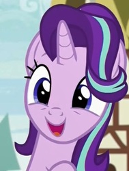 Size: 565x746 | Tagged: safe, screencap, starlight glimmer, pony, unicorn, triple threat, bust, cute, female, glimmerbetes, hair flip, hair over one eye, happy, mare, open mouth, portrait, smiling, solo